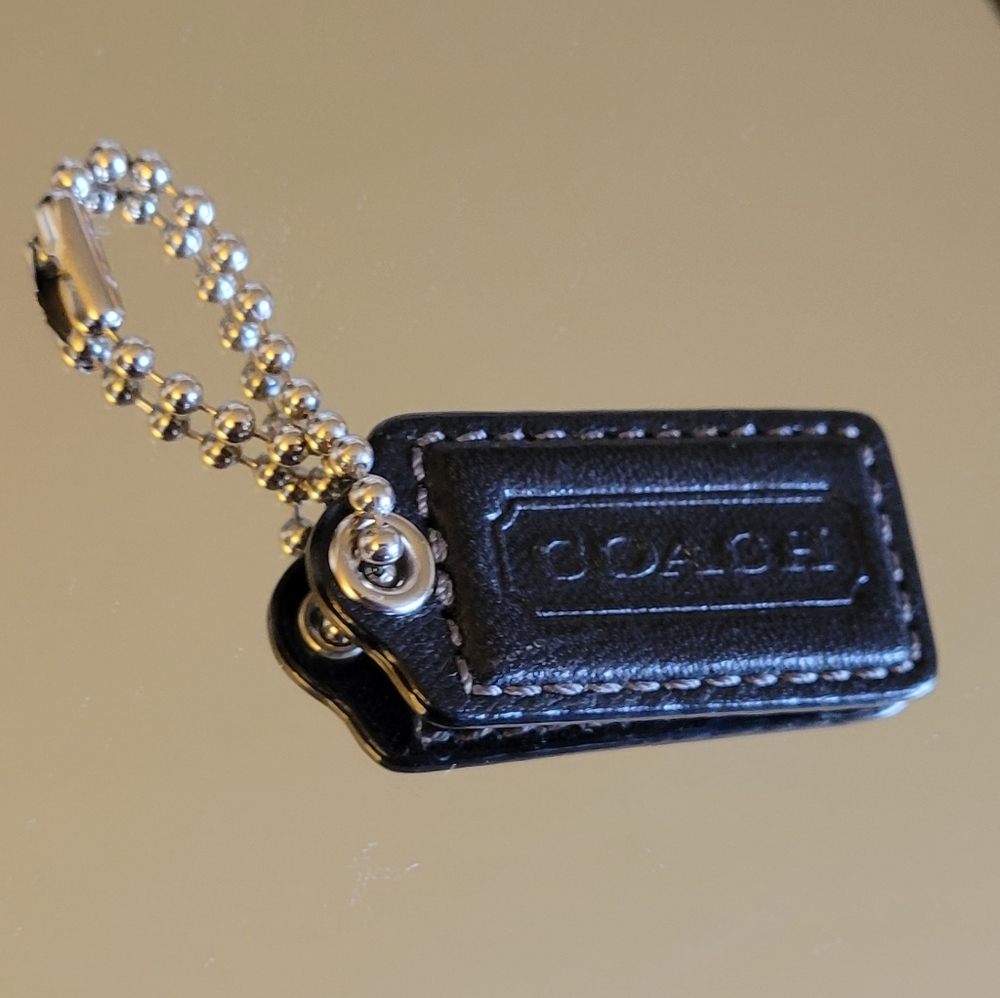 Coach Rare Black Pebble Leather Bag Tag, Charm, Fob, Keychain w/Chain